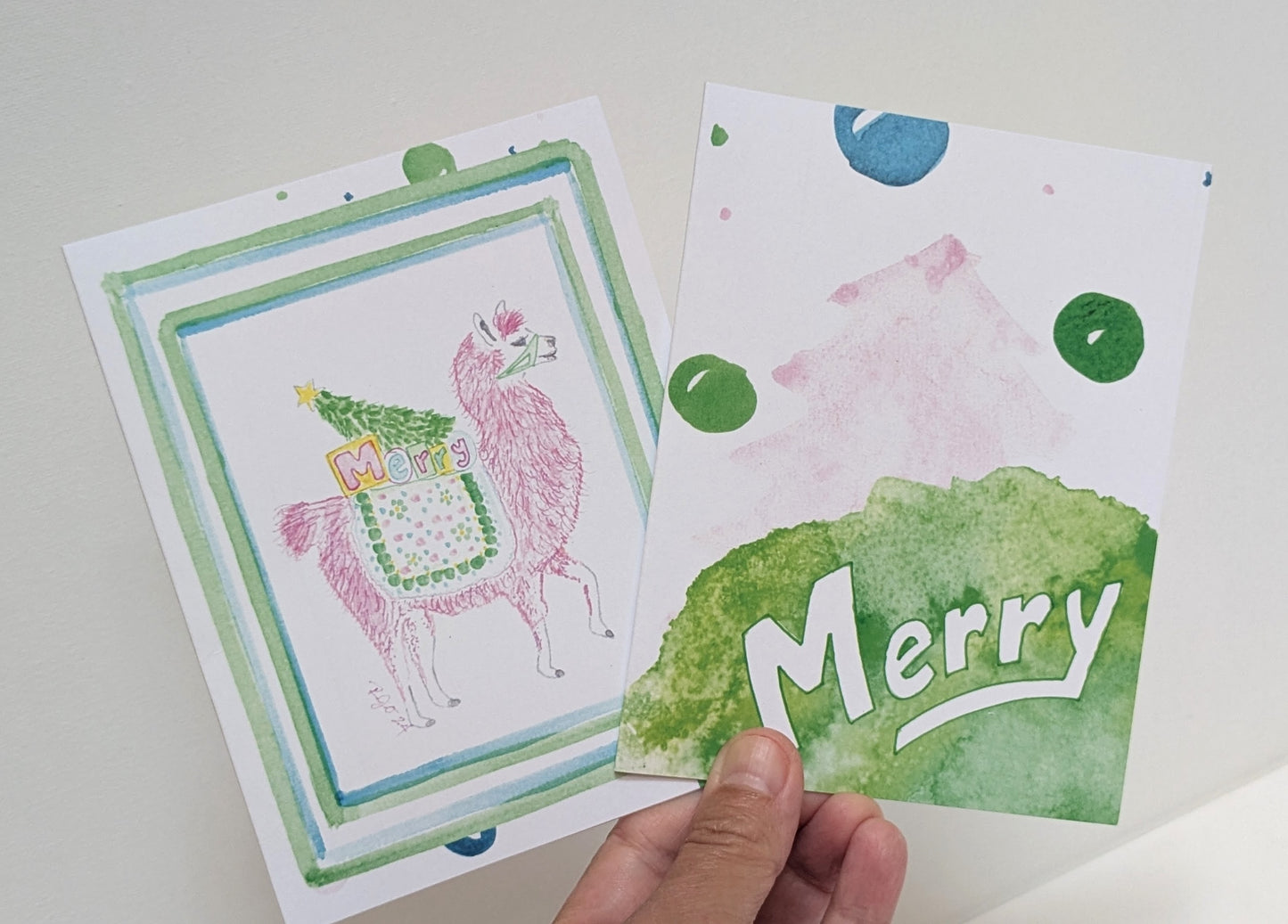Merry Pink Llama Christmas Greeting Card - Folded 4.25 x 5.5 in card, blank inside with A2 envelope