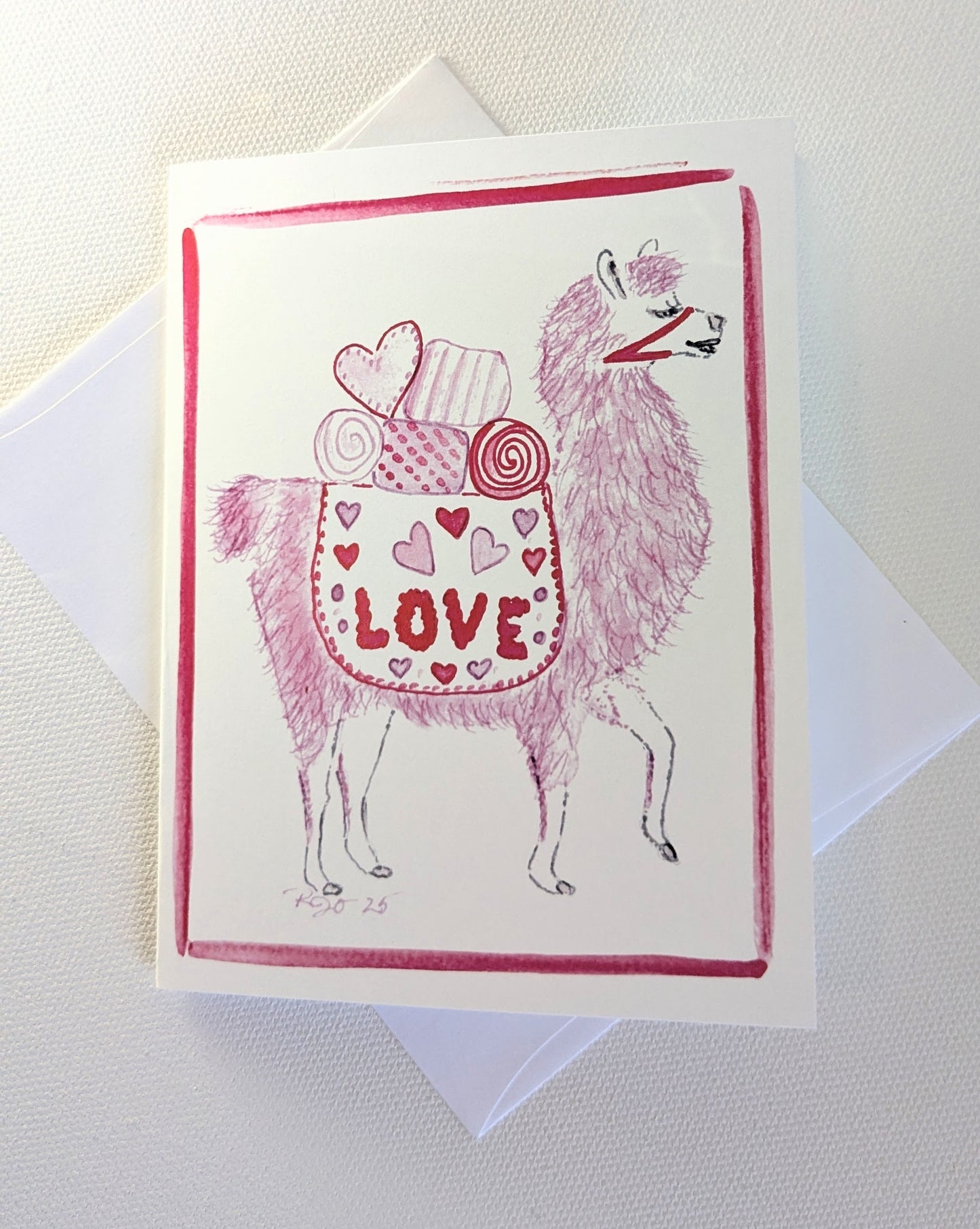 LOVE Pink Llama Greeting Card - Folded 4.25 x 5.5 in card, blank inside with A2 envelope