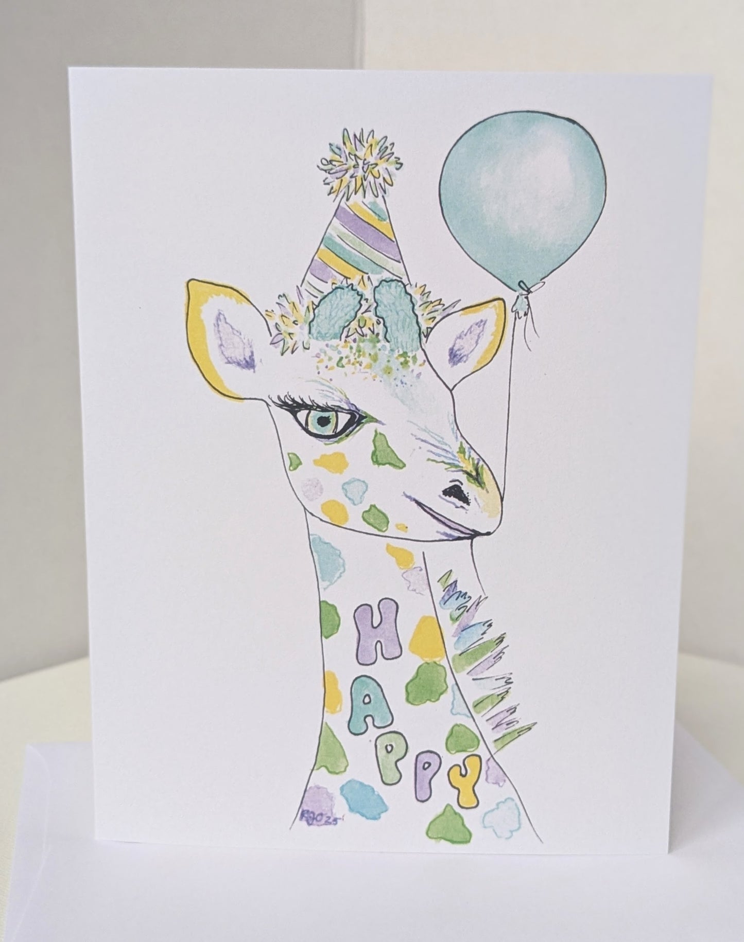 Happy Giraffe with Balloon and Party Hat Birthday Greeting Card - Folded 4.25 x 5.5 in card, blank inside with A2 envelope