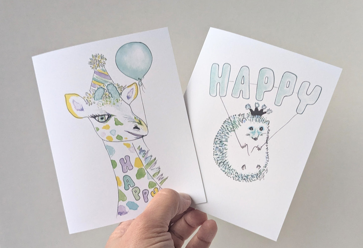 Happy Teal Hedgehog with Balloon and Party Hat Birthday Greeting Card - Folded 4.25 x 5.5 in card, blank inside with A2 envelope