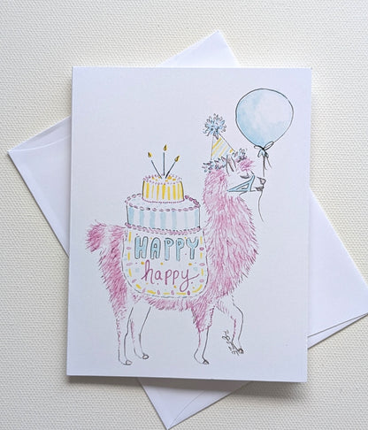 Happy Pink Llama with Balloon and Party Hat Birthday Greeting Card  - Folded 4.25 x 5.5 in card, blank inside with A2 envelope