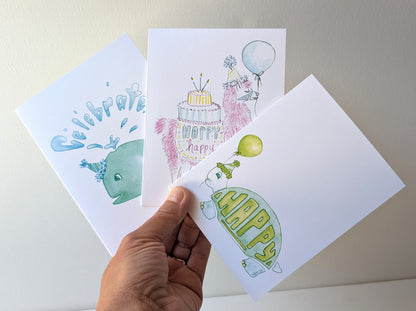 Happy Pink Llama with Balloon and Party Hat Birthday Greeting Card  - Folded 4.25 x 5.5 in card, blank inside with A2 envelope