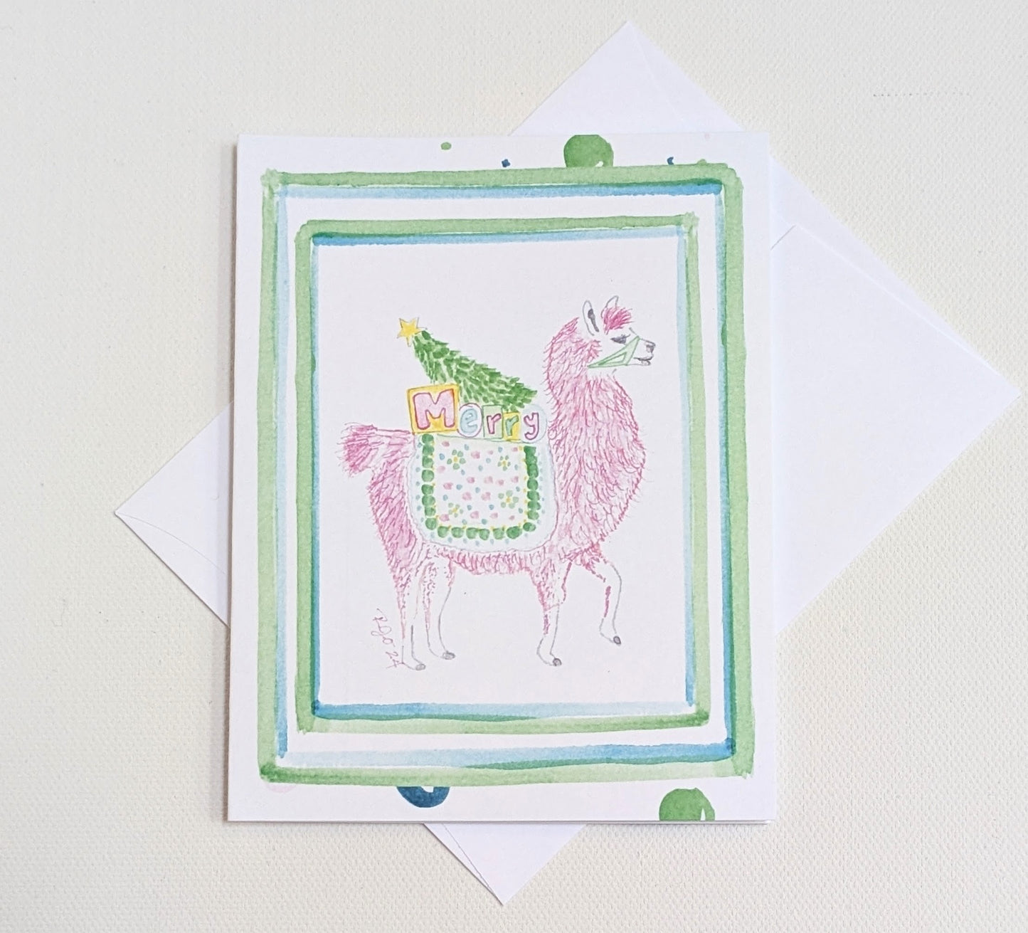 Merry Pink Llama Christmas Greeting Card  - Folded 4.25 x 5.5 in card, blank inside with A2 envelope