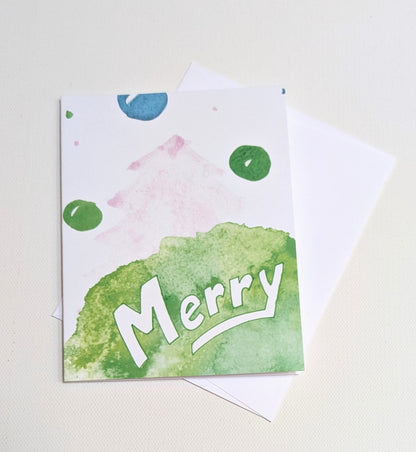 Merry Pink and Green Abstract Greeting Card  - Folded 4.25 x 5.5 in card, blank inside with A2 envelope
