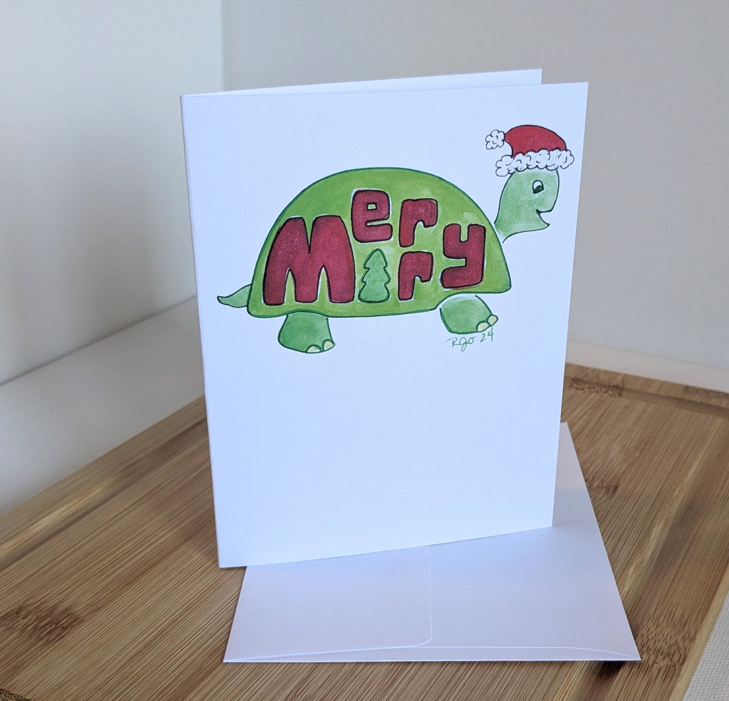 Merry Christmas Turtle Greeting Card  - Folded 4.25 x 5.5 in card, blank inside with A2 envelope