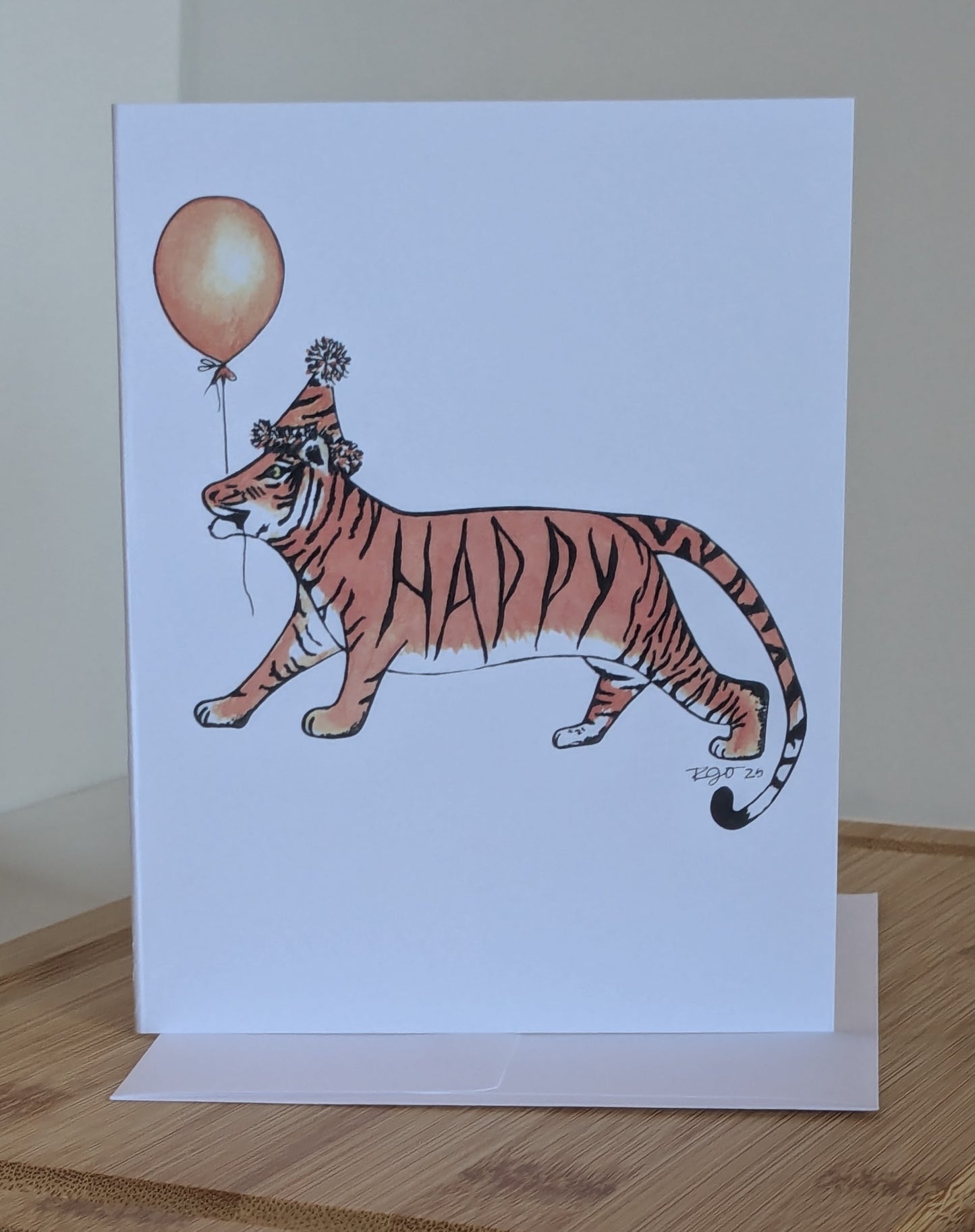 Happy Tiger with Balloon and Party Hat Celebration Greeting Card  - Folded 4.25 x 5.5 in card, blank inside with A2 envelope