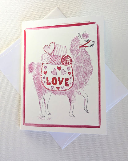 LOVE Pink Llama  Greeting Card  - Folded 4.25 x 5.5 in card, blank inside with A2 envelope