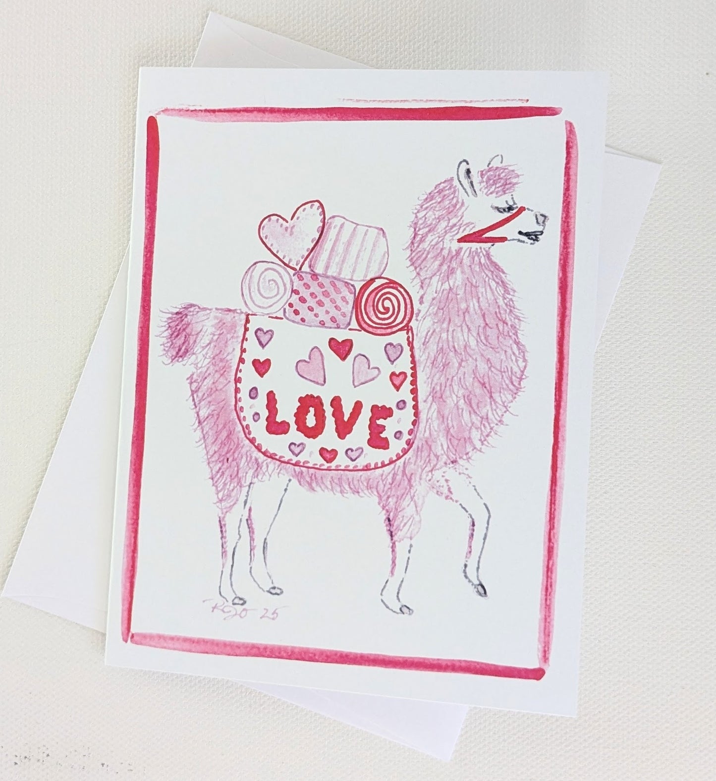 LOVE Pink Llama  Greeting Card  - Folded 4.25 x 5.5 in card, blank inside with A2 envelope