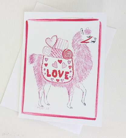 LOVE Pink Llama  Greeting Card  - Folded 4.25 x 5.5 in card, blank inside with A2 envelope