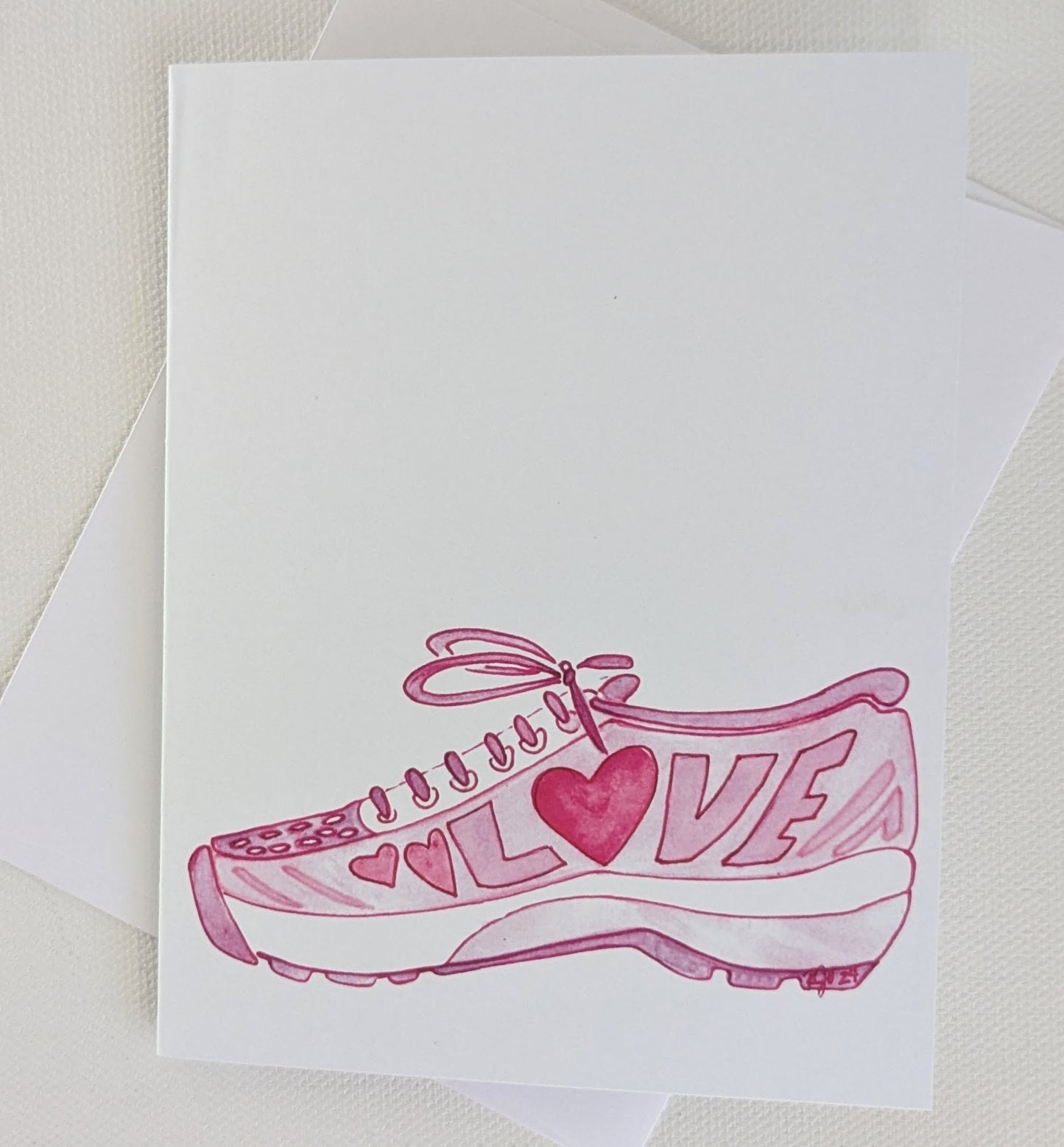 LOVE Pink Running Shoe Greeting Card  - Folded 4.25 x 5.5 in card, blank inside with A2 envelope