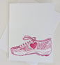 LOVE Pink Running Shoe Greeting Card  - Folded 4.25 x 5.5 in card, blank inside with A2 envelope