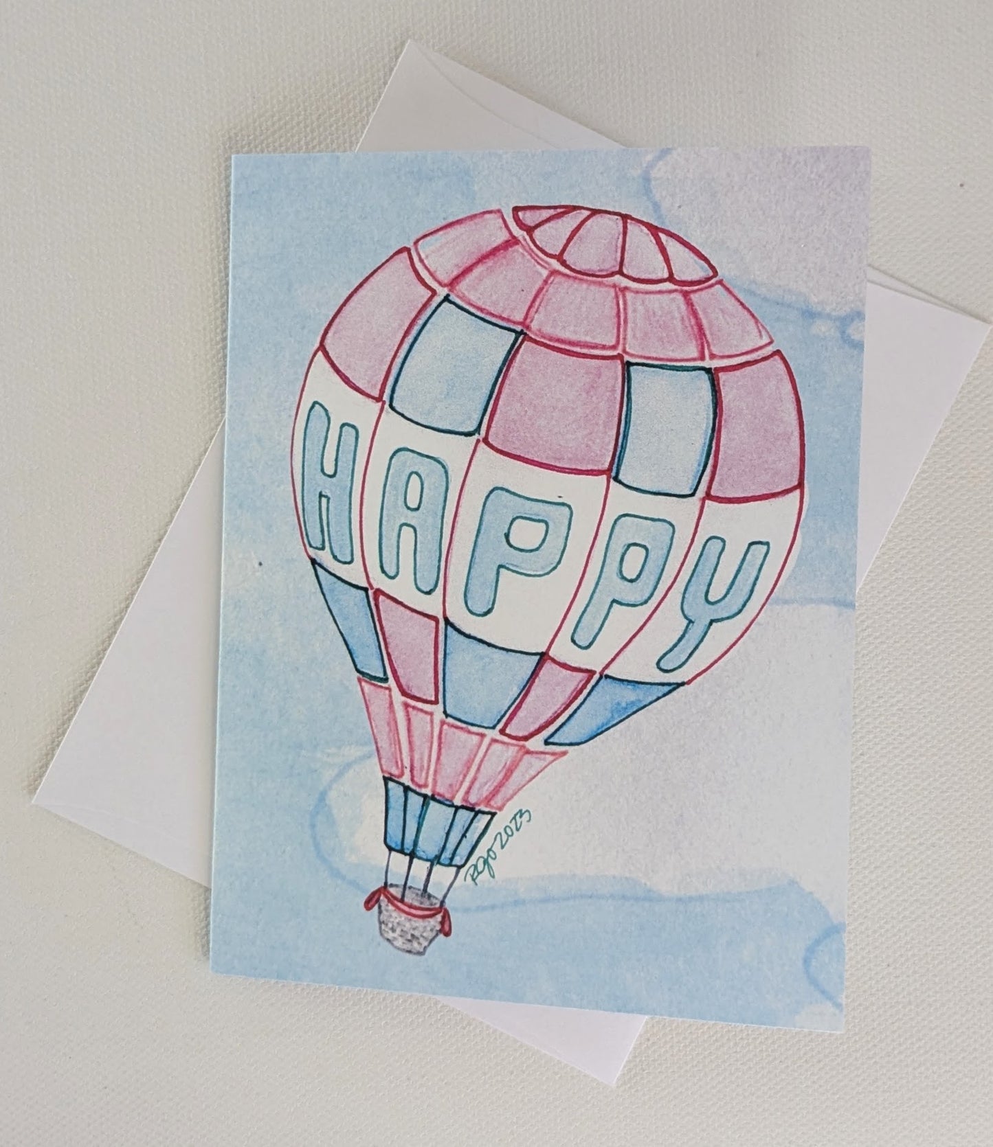 Happy Hot Air Balloon Greeting Card  - Folded 4.25 x 5.5 in card, blank inside with A2 envelope