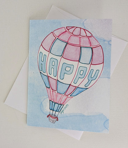 Happy Hot Air Balloon Greeting Card  - Folded 4.25 x 5.5 in card, blank inside with A2 envelope