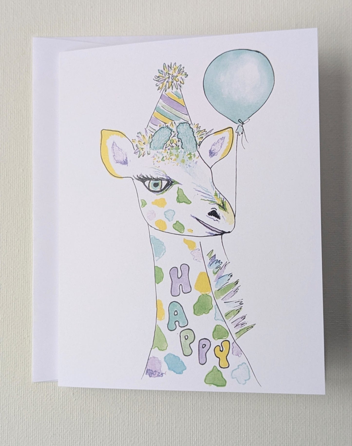 Happy Giraffe with Balloon and Party Hat Birthday Greeting Card  - Folded 4.25 x 5.5 in card, blank inside with A2 envelope