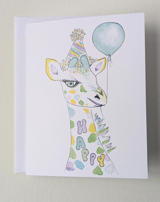 Happy Giraffe with Balloon and Party Hat Birthday Greeting Card  - Folded 4.25 x 5.5 in card, blank inside with A2 envelope