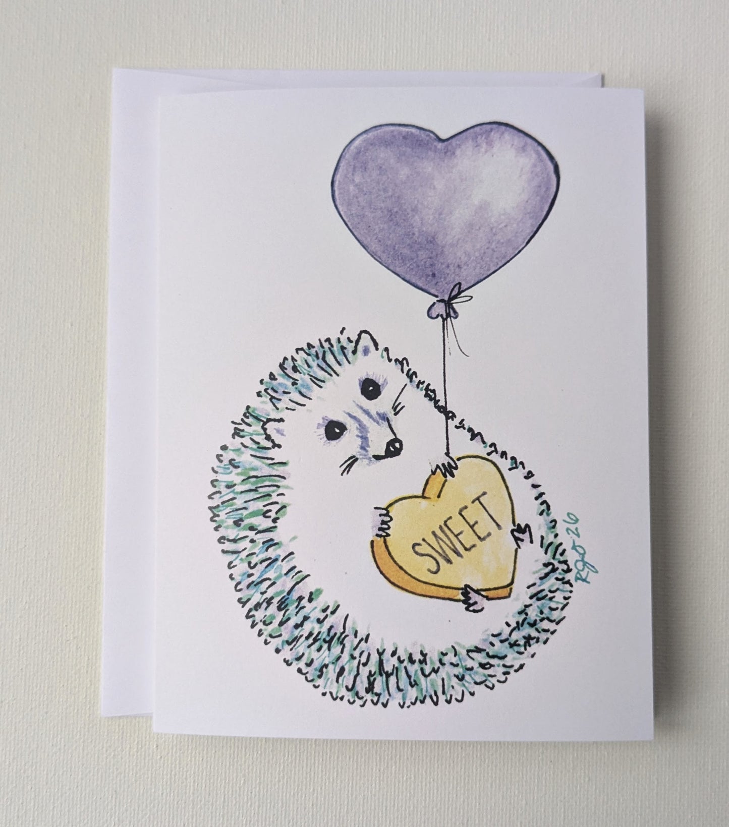 Sweet Heart Aqua Hedgehog Greeting Card  - Folded 4.25 x 5.5 in card, blank inside with A2 envelope