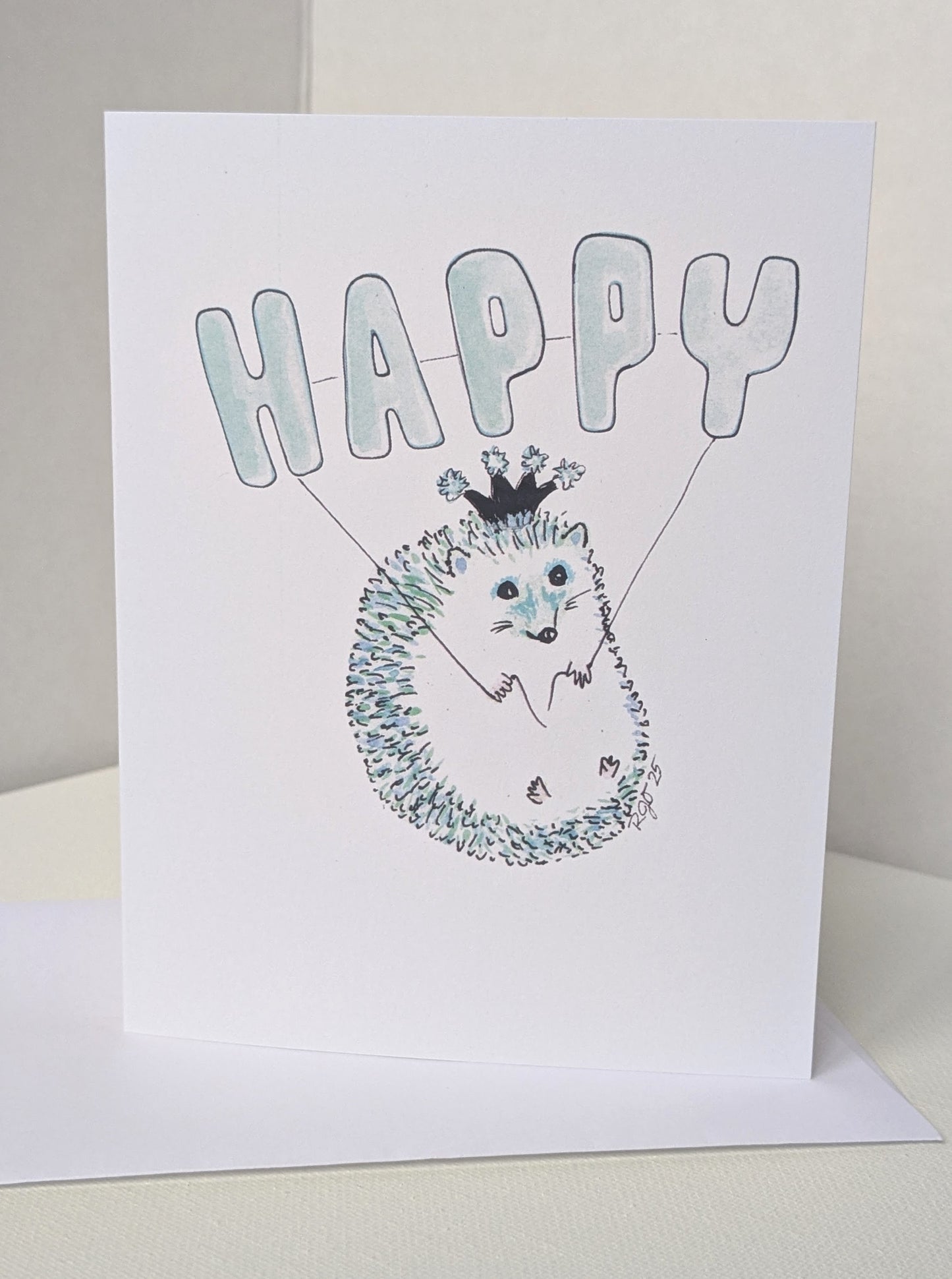 Happy Teal Hedgehog with Balloon and Party Hat Birthday Greeting Card  - Folded 4.25 x 5.5 in card, blank inside with A2 envelope