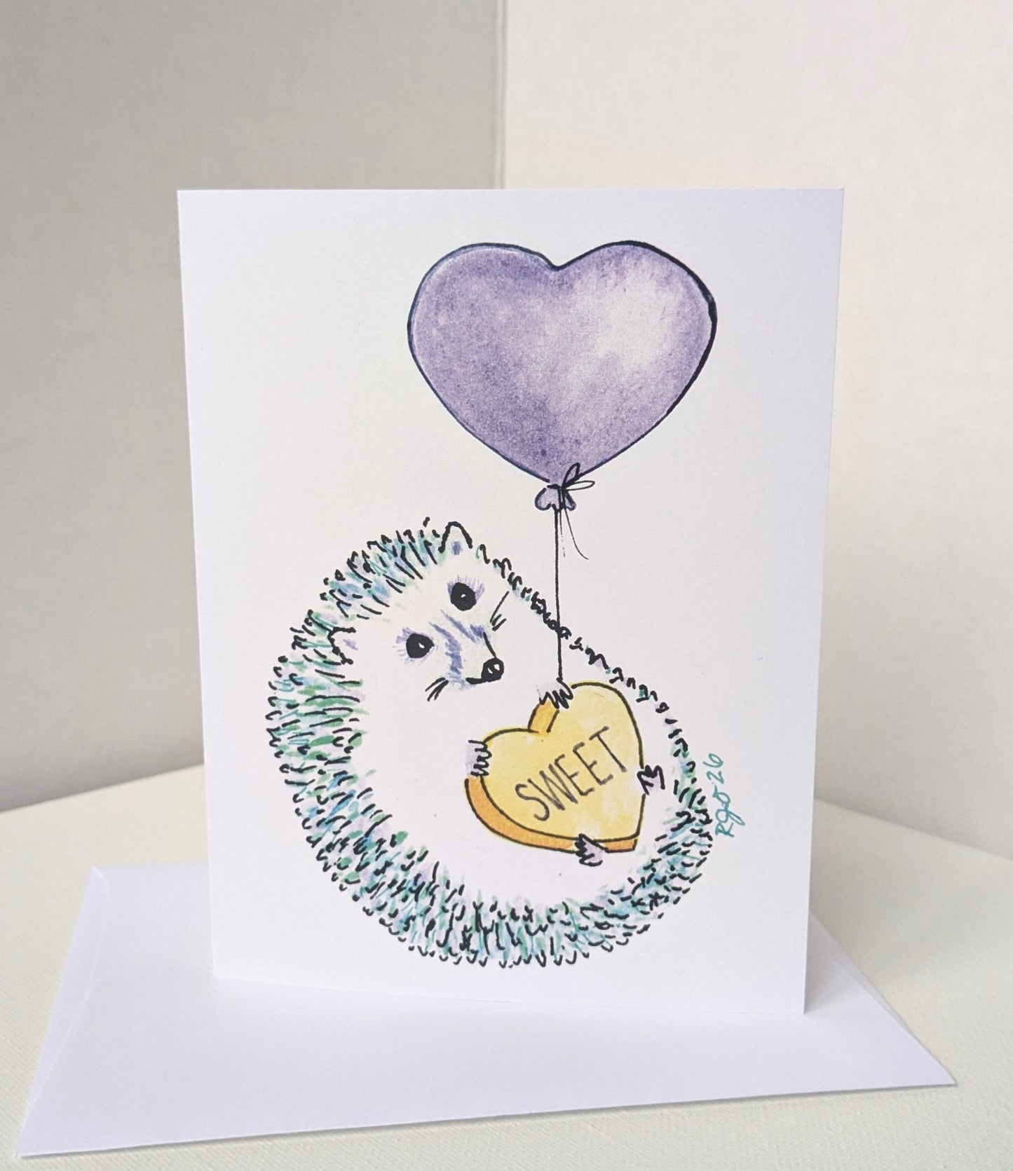 Sweet Heart Aqua Hedgehog Greeting Card  - Folded 4.25 x 5.5 in card, blank inside with A2 envelope
