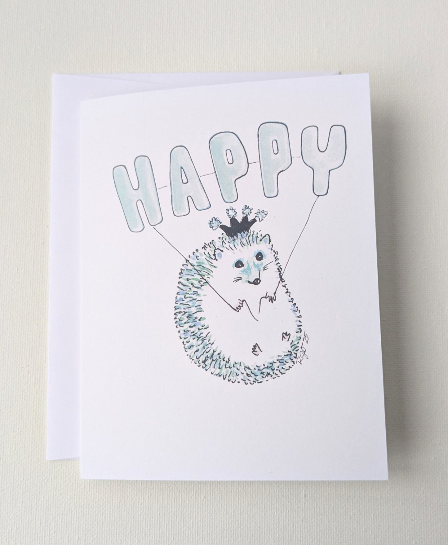 Happy Teal Hedgehog with Balloon and Party Hat Birthday Greeting Card  - Folded 4.25 x 5.5 in card, blank inside with A2 envelope