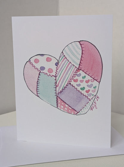 Quilted Patchwork Heart Watercolor Greeting Card  - Folded 4.25 x 5.5 in card, blank inside with A2 envelope