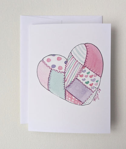Quilted Patchwork Heart Watercolor Greeting Card  - Folded 4.25 x 5.5 in card, blank inside with A2 envelope