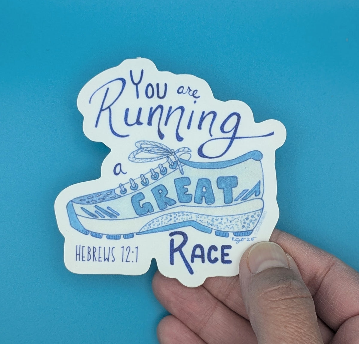 You are running a GREAT Race Hebrews 12:1 Shoe Sticker-3 in
