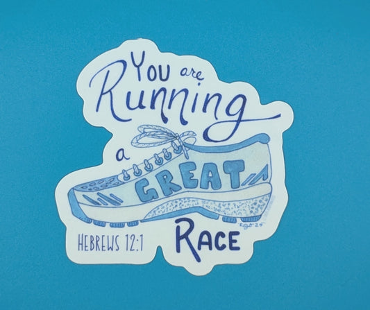 You are running a GREAT Race Hebrews 12:1 Shoe Sticker-3 in