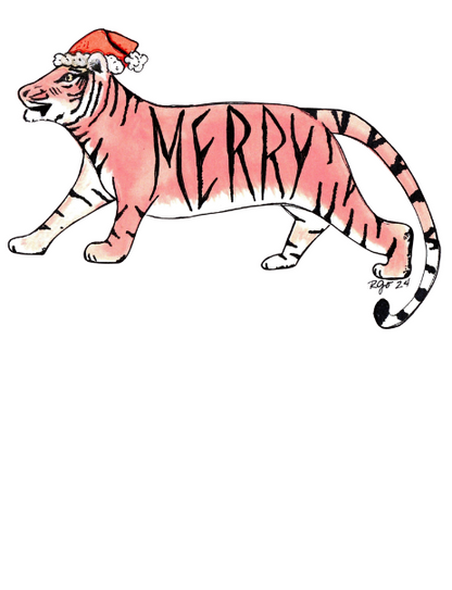 Merry Tiger Christmas Greeting Card  - Folded 4.25 x 5.5 in card, blank inside with A2 envelope